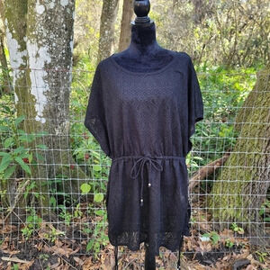 CATALINA BLACK LACE RUCHED DRAWSTRING SIDE MINI DRESS SWIM COVER UP SIZE M.Arm